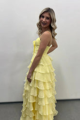 A-line Long Chiffon Tiered Pastel Yellow Senior Prom Dress with Bow